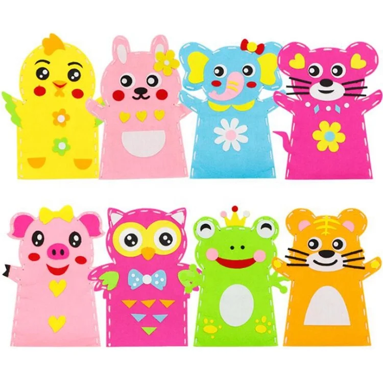 DIY arts and crafts supplies cheap happy kids pre-cut animal felt shape pretend colorful 6pcs felt hand puppets with googly eyes