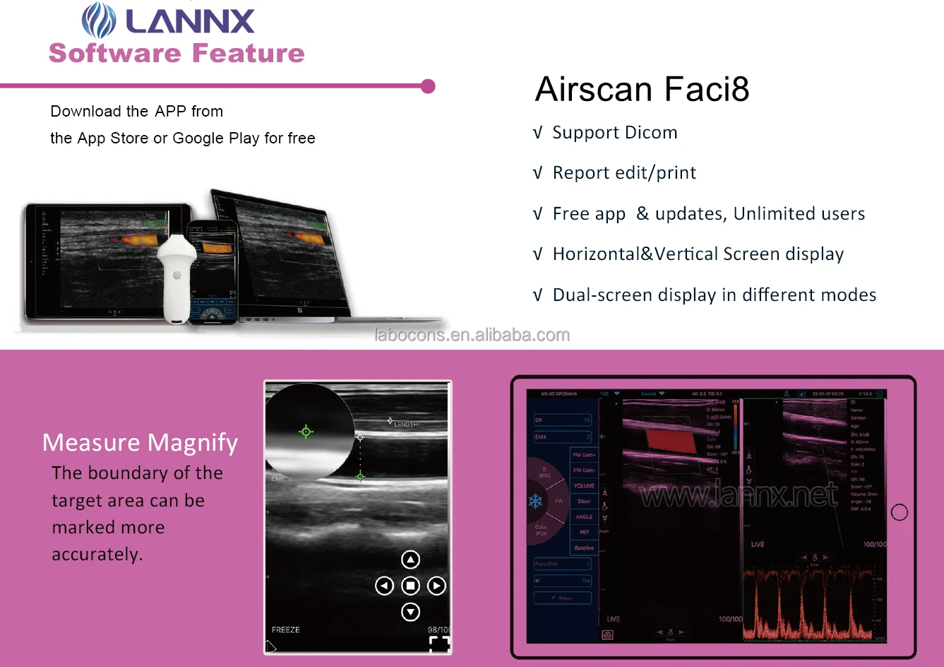 LANNX Airscan Faci8 Medical Women Cosmetic Facial Echocardiography Handheld probe Ultrasound Portable wireless Ultrasound probe