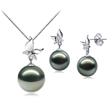 Qifu Perfect 18K carat gold wedding bridal AAA black tahitian pearl jewelry set