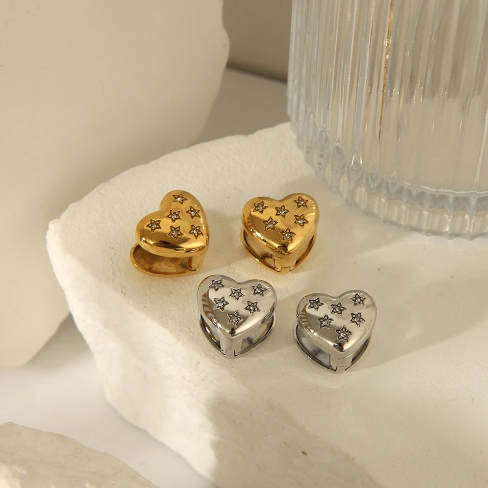 French Stainless Steel Love Ear Clip Double Face Insert Zircon Earrings 18k Gold Plated Heart Ear Cuff Earrings Set