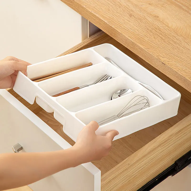 Kitchen Utensil Drawer Store Mini Silverware PP TPR Tableware Organizer Cutlery Tray with 5 Dividers for Spoon Fork Knife