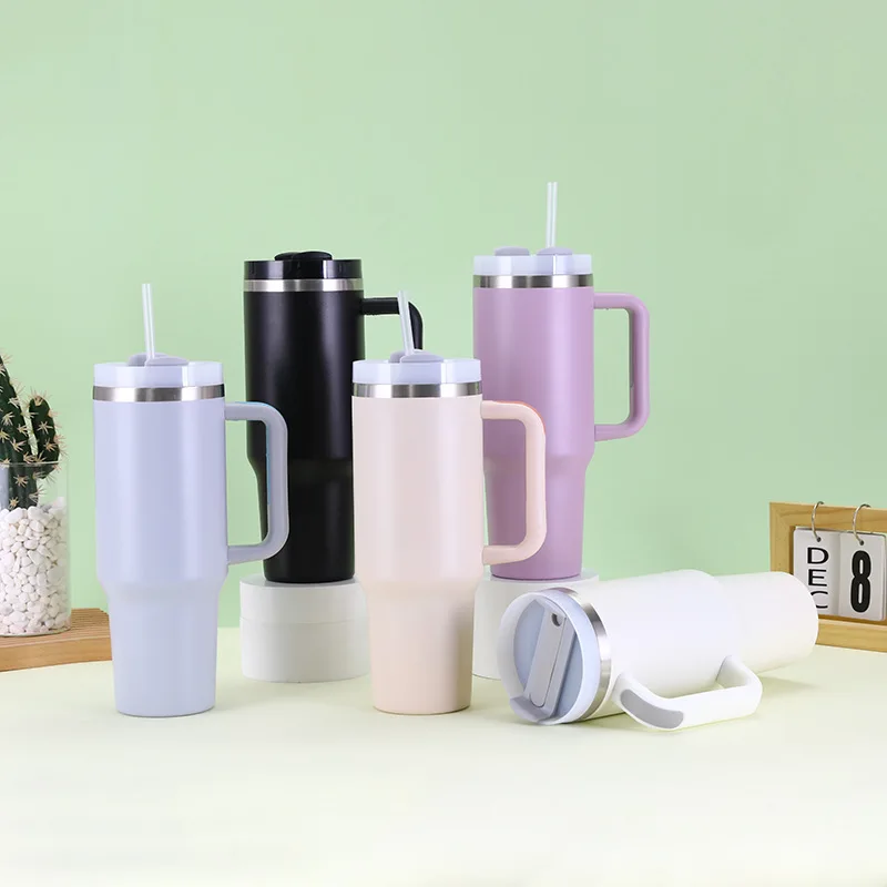 40oz Double Wall Vacuum Insulated flat wide mouth water bottle stainless steel with straw and handle lid
