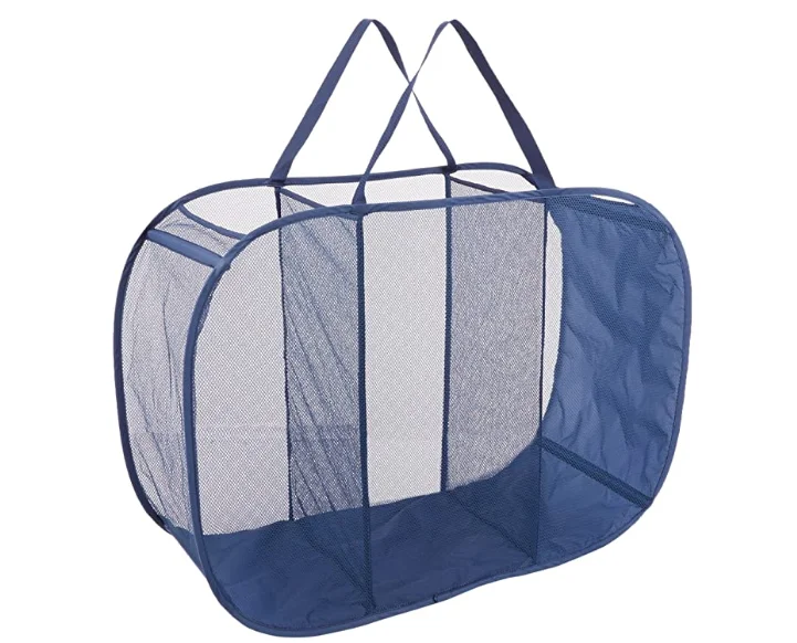 Blue Fold Laundry Sorter Basket Mesh 3 Compartments Pop Up Laundry Hamper