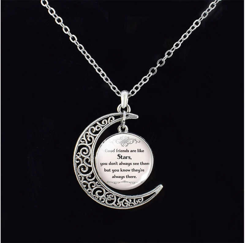 Sisters Necklace Quote Best Friend Are the Sisters We Choose Always My Sister Forever My Friend Glass Dome Crescent Moon Pendant