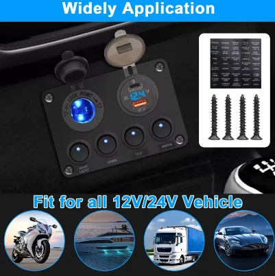 12V Switch Panel Waterproof Aluminum Panel 4 Gang Toggle Rocker Board Switch Pre Wired 12V 24VDC ON Off Switch Panel for Boat