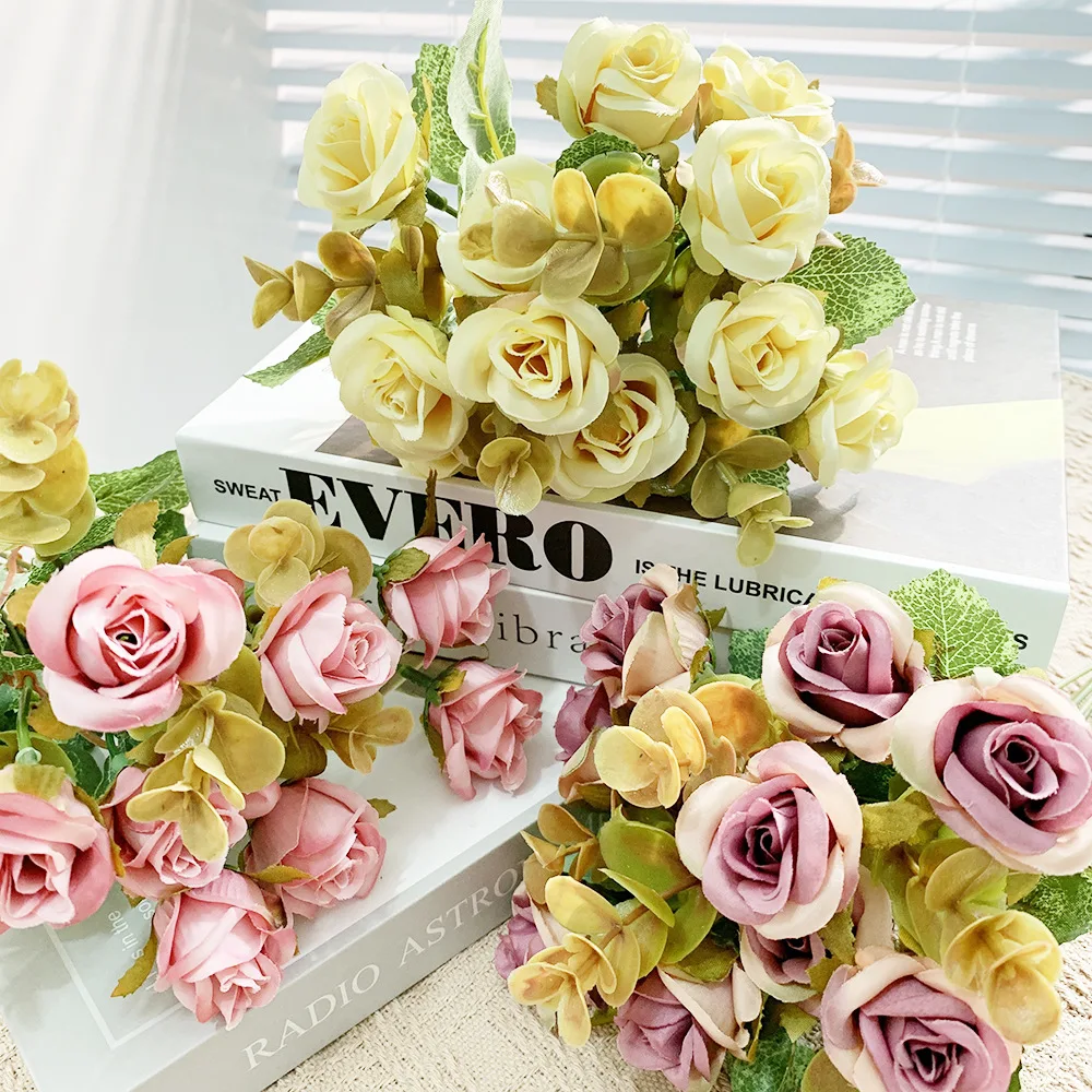 SEASON Autumn  Mini Roses Flower  with Eucalyptus Bush Wedding Decoration Flower Arrangement Artificial Rose Bouquet