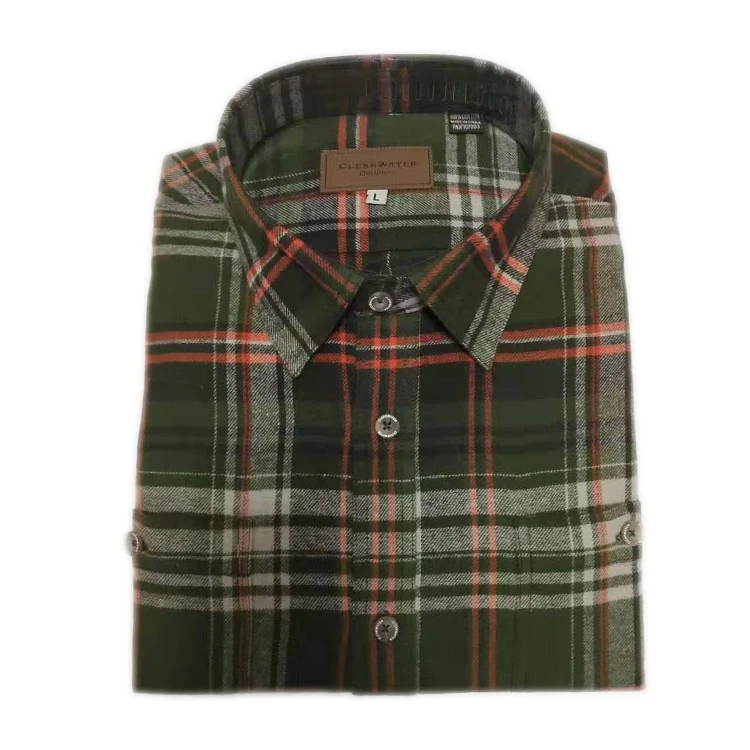 
100% cotton square collar chest pocket men long sleeve plaid shirt 