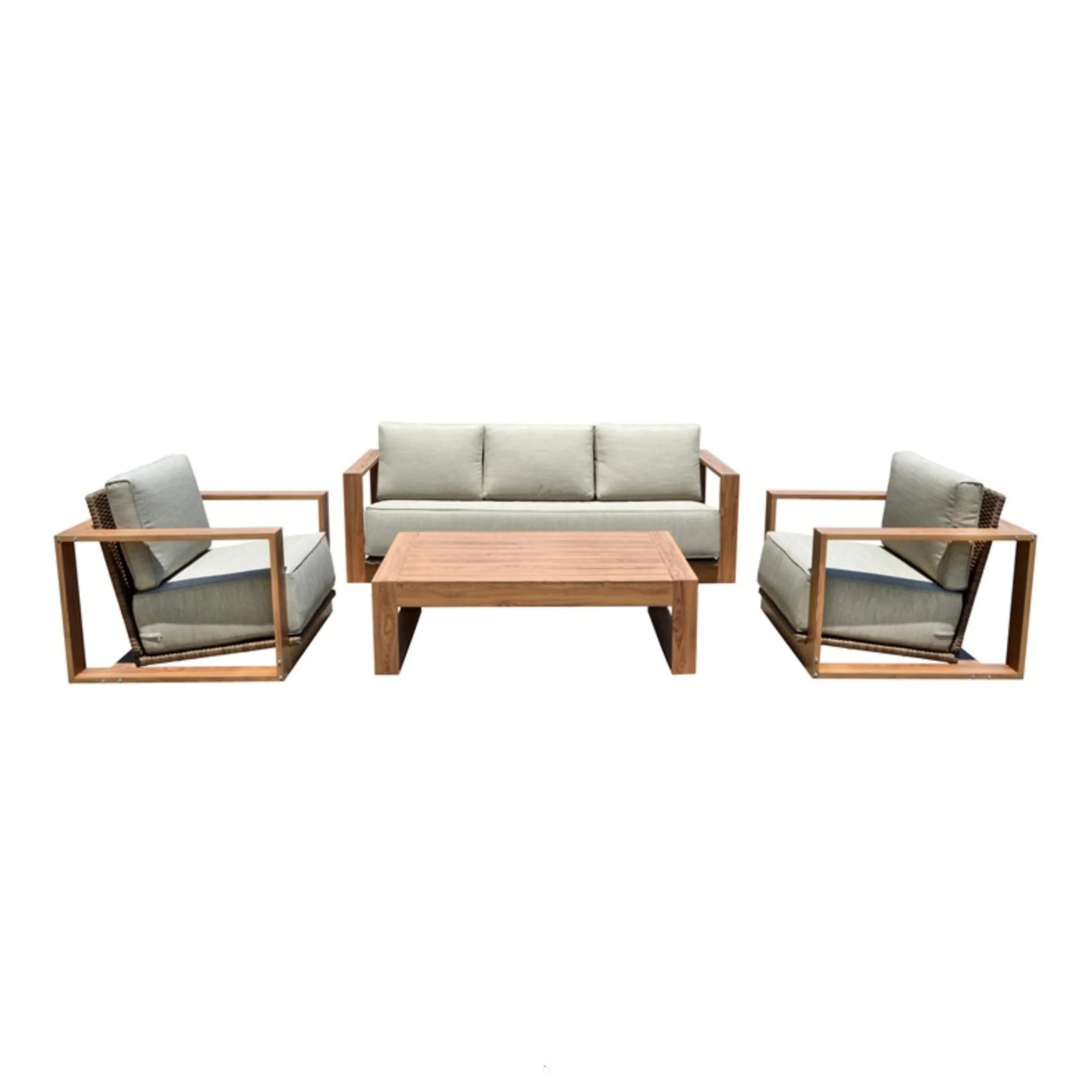 High-end outdoor patio wood grain sofa set 4PCS aluminum conversation sofa with cushion garden metal sofa set with coffee table