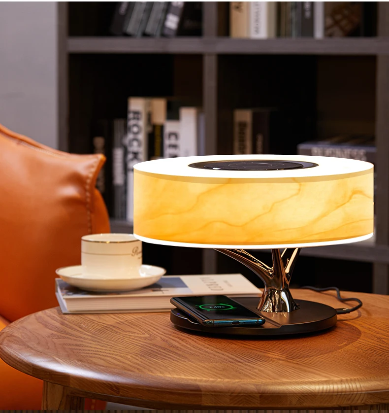 Amazon Dropshipping Trending Products 2024 New Arrival Wooden Smart LED Table Lamp with TWS Wireless Speaker Qi Wireless Charger
