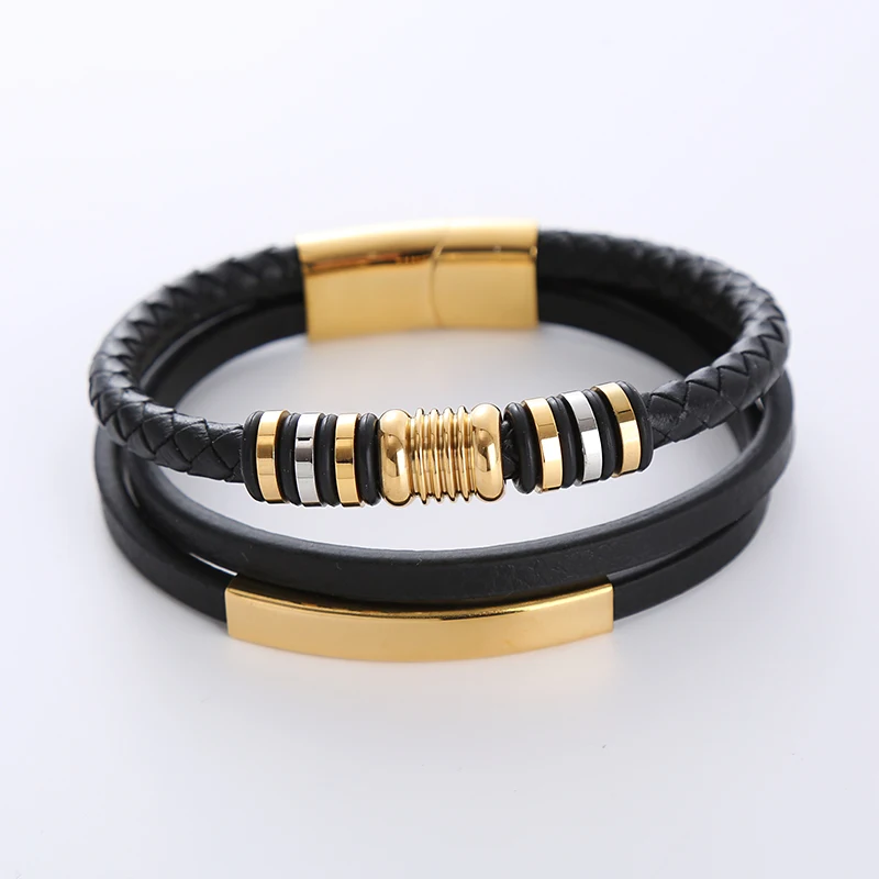 fashion jewellery wholesale stainless steel 18k gold plated blank bar men leather bracelet