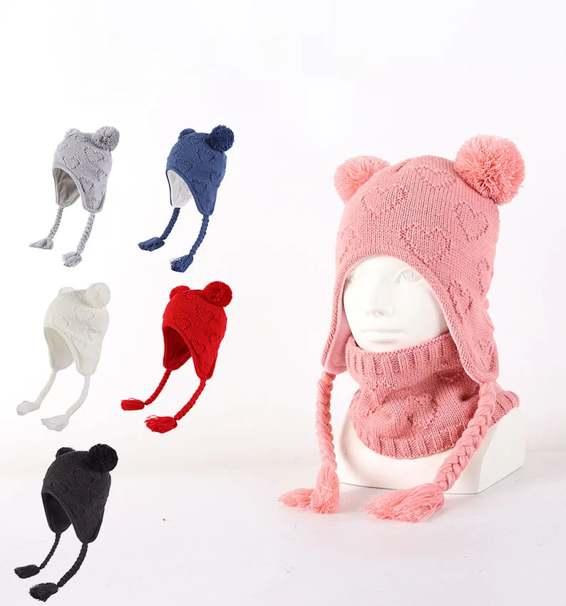 2024 New Autumn And Winter Knitted Hats  Windproof Cute Baby Hats Ear Wool Ball Knitted Heart Wool Hat