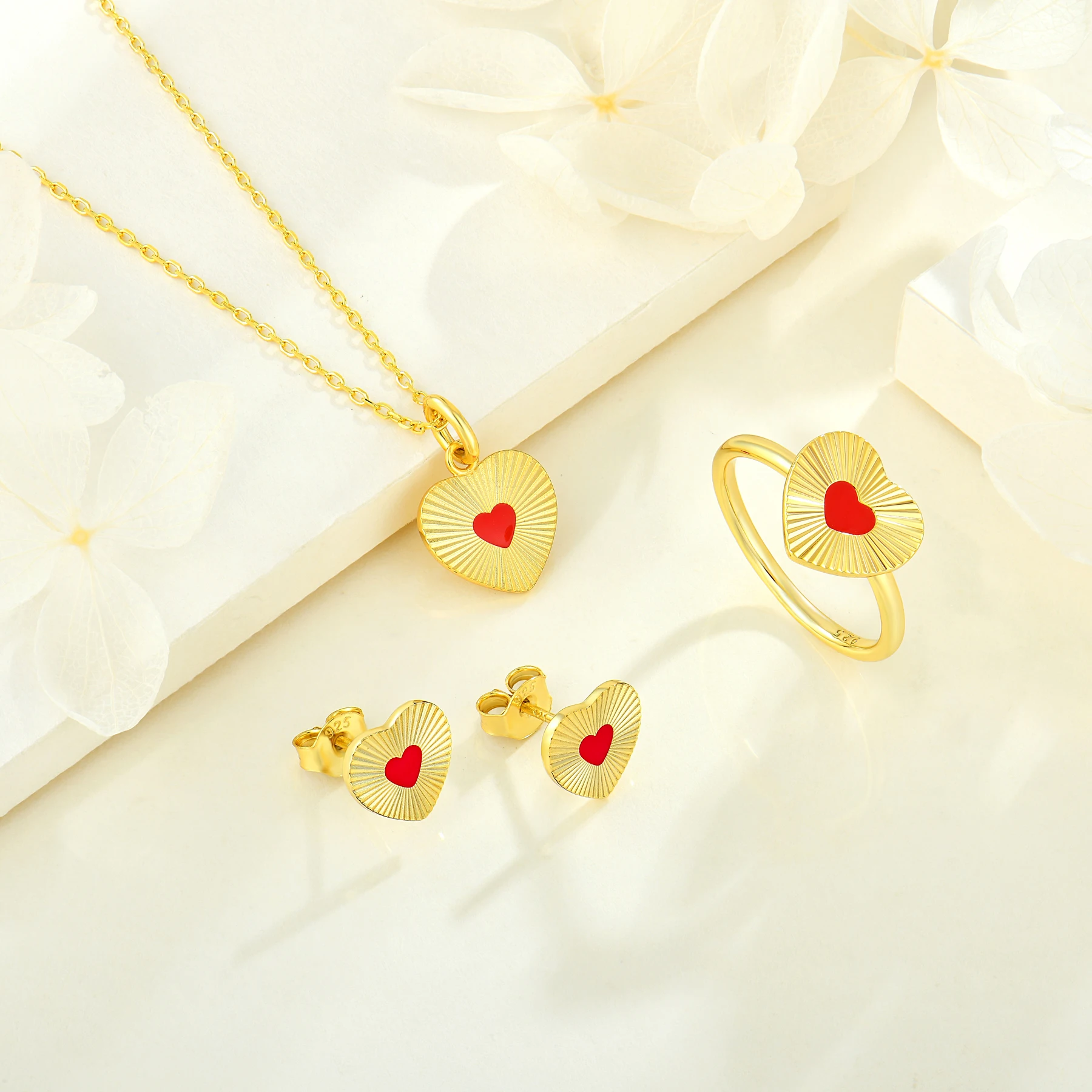 Stereoscopic heart shape sterling sliver 925 18 k gold plated jewelry set with earring pendant necklace ring 3 pcs