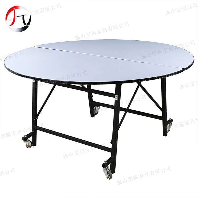 White round movable folding wooden banquet dining table with wheels