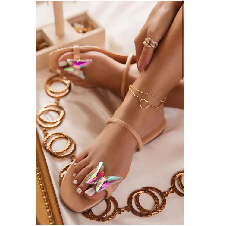
2021 new design women rhinestones flat summer butterfly sandals diamond women flat sandals black 
