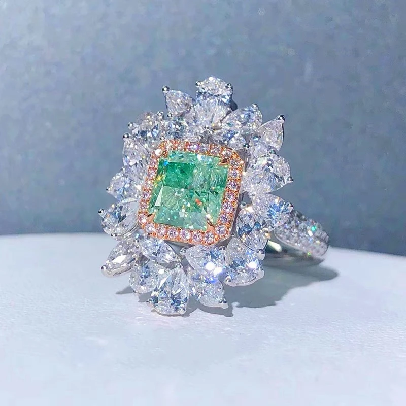 100% natural  Green Diamond  GIA  2CT cushion Cut 18K gold dual use pedant Ring for Engagement gift