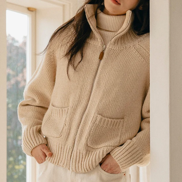 Hot Sale Womens 100% Wool Zip-up Cardigan For Top Knitwear Sweater