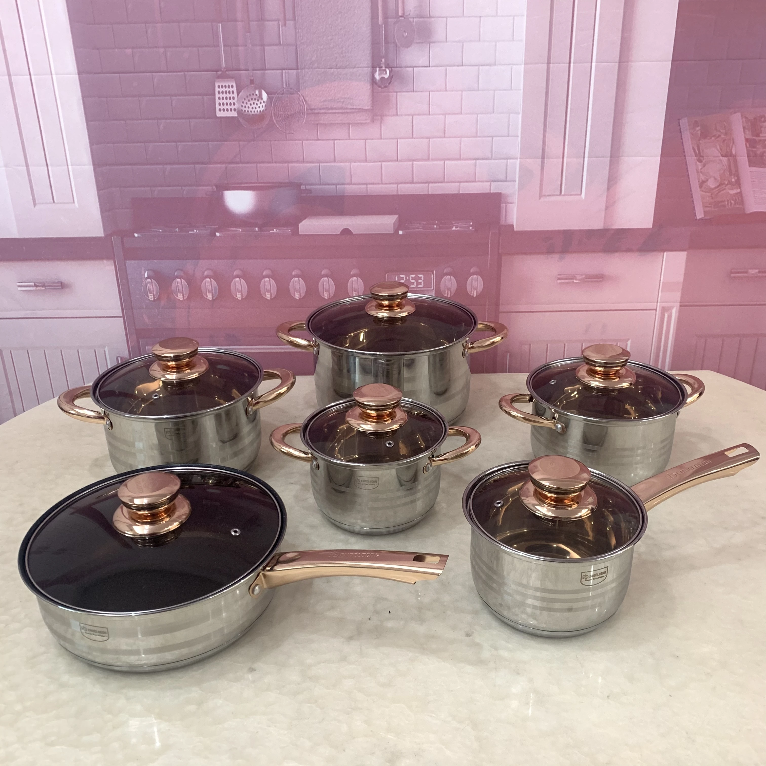 Wholesale 12pcs cookware thickened with gold handle stainless steel pot for kitchen