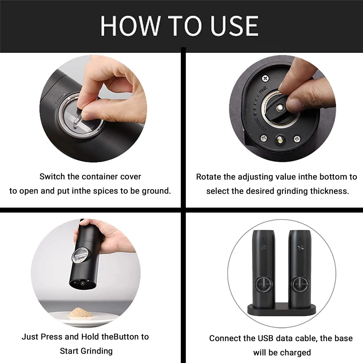 Automatic Spice Grinder Shakers Refillable USB Rechargeable Electric Salt and Pepper Mill Set