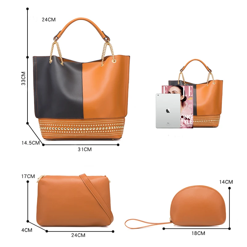 2023 Luxury Design PU Leather Shoulder bag Fashion Patchwork Top-Handle Bags Rivet For Women Chain Tote Lady bag