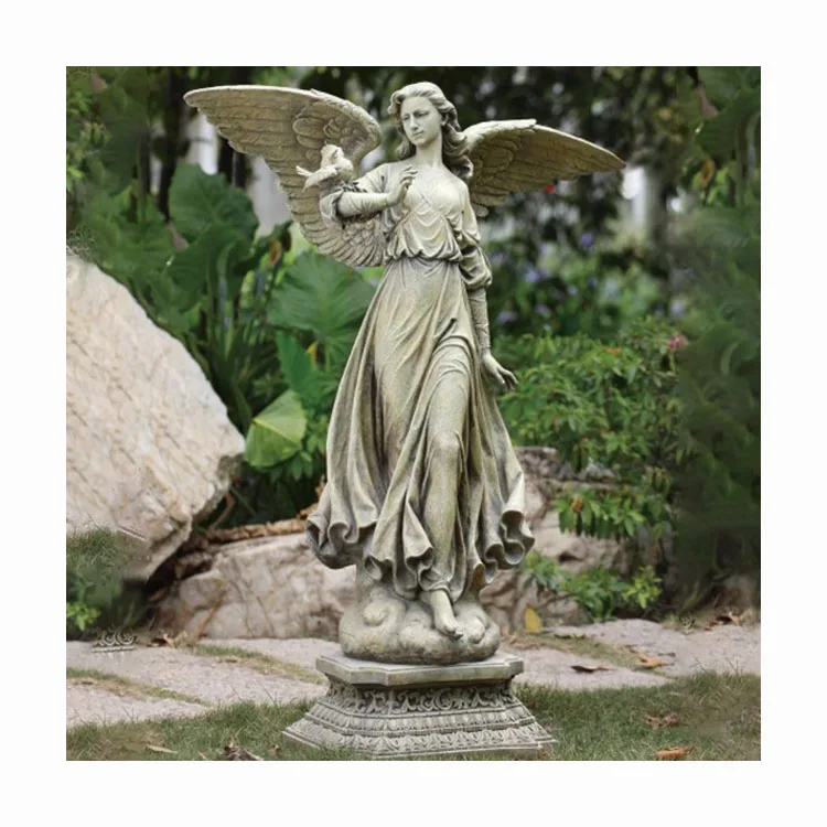 Outdoor garden decoration antique granite marble winged angel girl statue with bird statue for sale