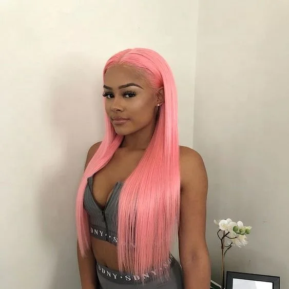 13X4 Colored Light Pink Lace Frontal Wigs Straight Grey Blue Purple Lace Front Human Hair Wig for Women
