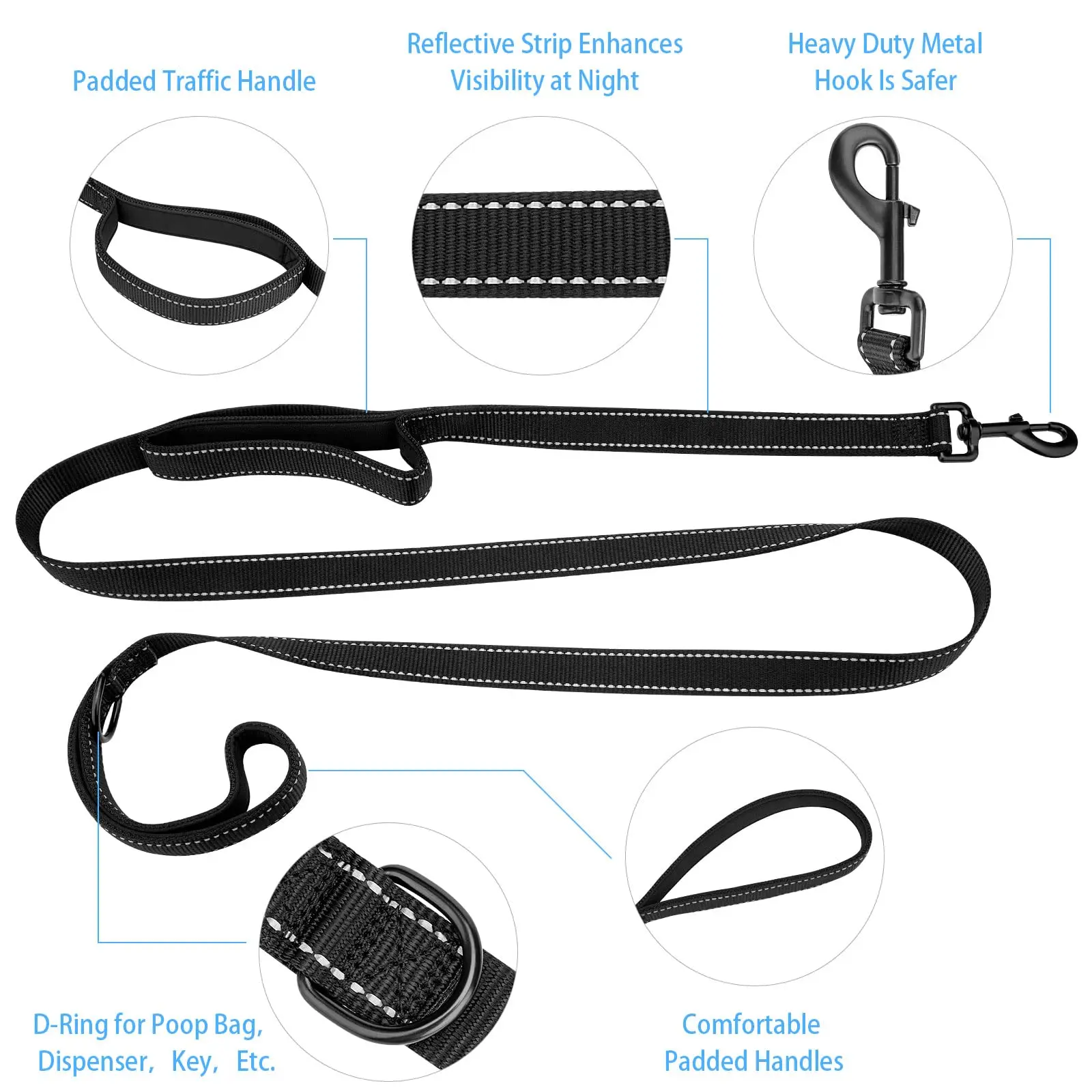 5 Feet Nylon Dog Leash with Triple Reflective Threads and Comfortable Padded Handle for Walking