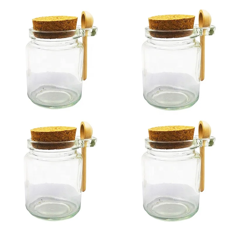 
8oz glass spice bath salt packaging Honey jars Set kitchen canister with cork lid and wooden spoon 