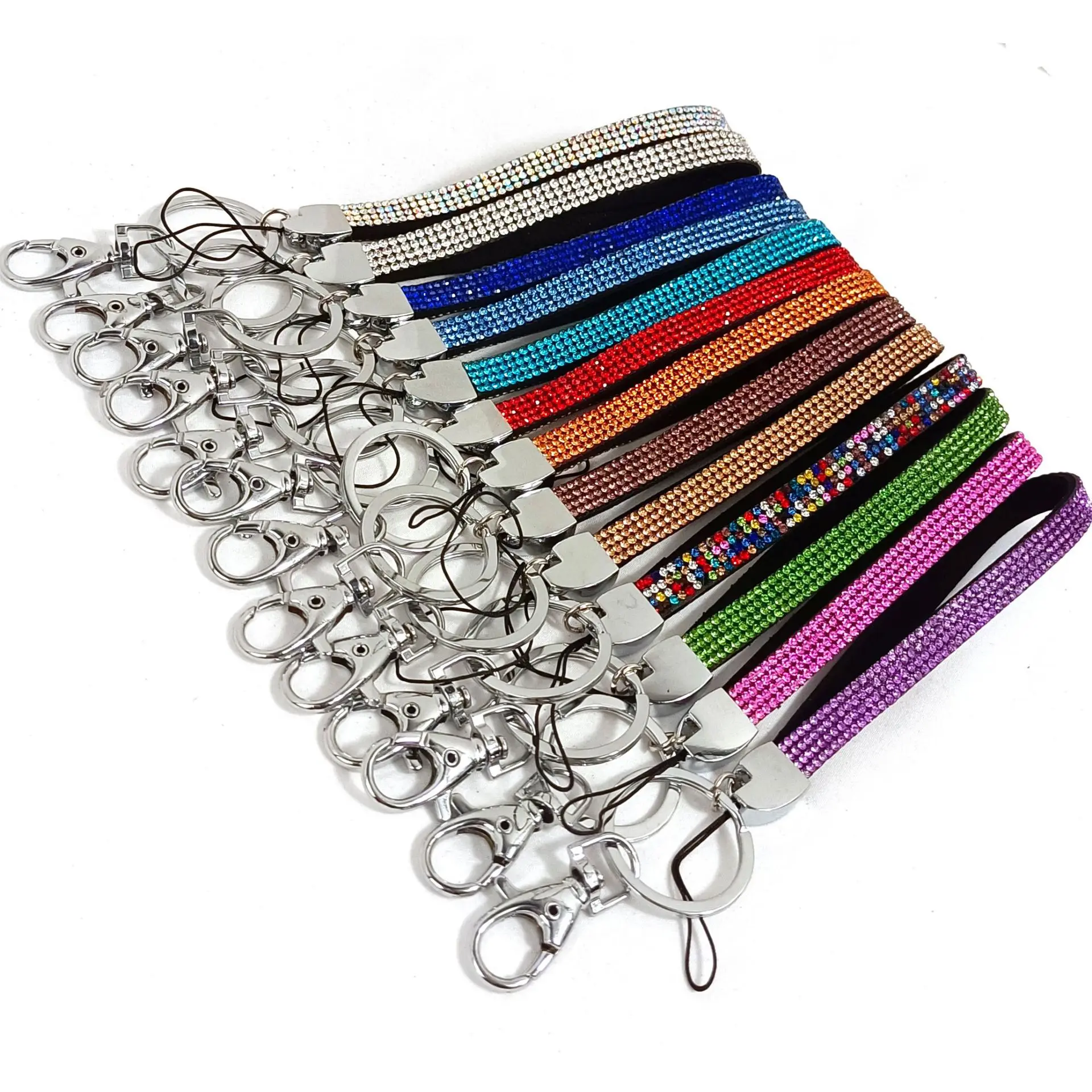 Wholesales Rhinestone Lanyard Keychains Bling Diamond Wristbands Polyester Lanyard Wrist Strap Car Glitter Wristlet Keychain