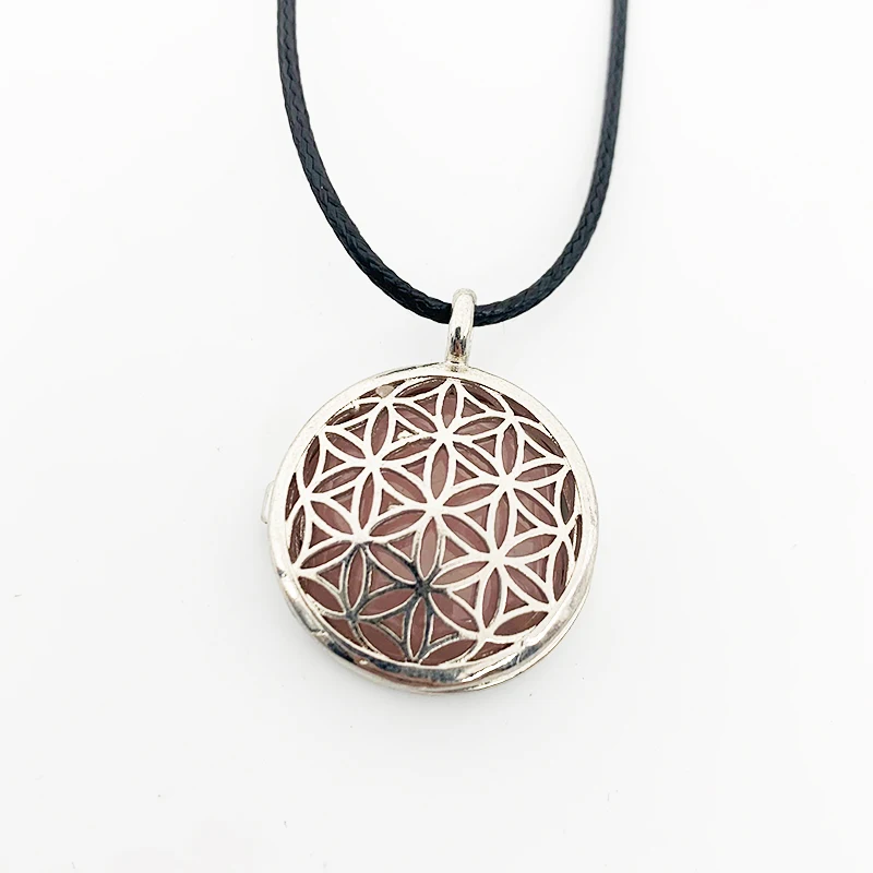 Natural Stone Pendant Round Charm Lotus Ohm Zen Woman Necklace 25 mm Energy Jewelry