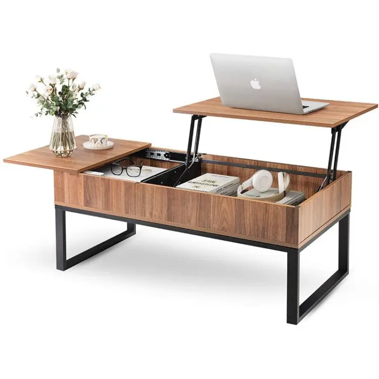 
Home living room wood lift top coffee table with storage space side drawer metal frame leg lift tabletop dining table 