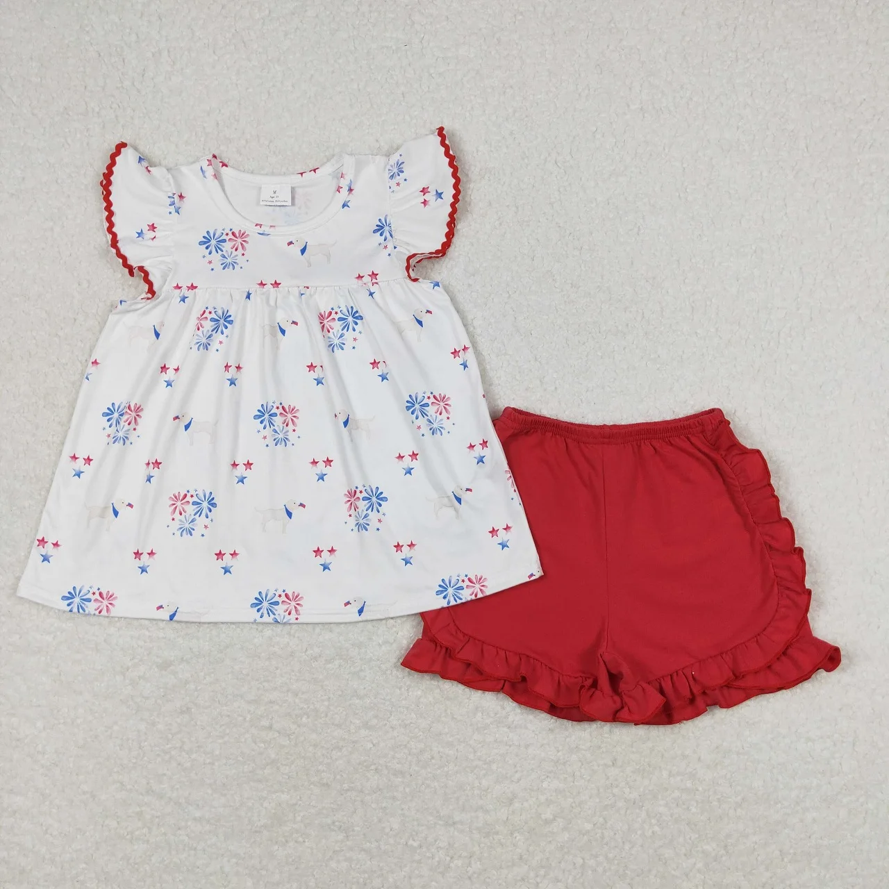 Wholesale July 4th Baby Girls Summer Short Sleeves Dogs Stars Tunic Toddler Kids Set Children Red Ruffle Cotton Shorts Outfit