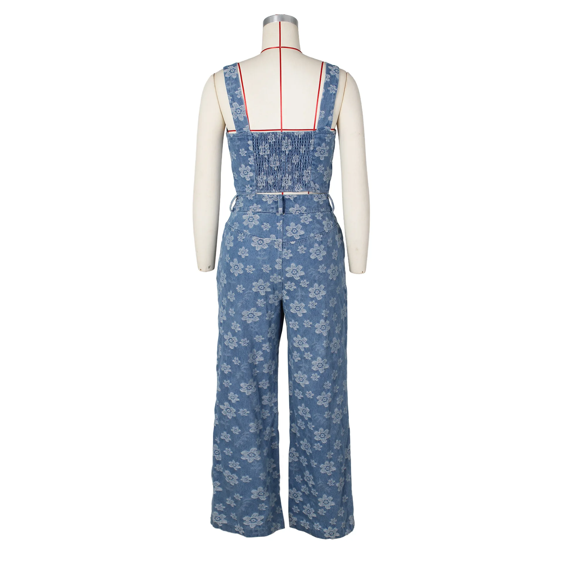 2024 Jacquard Floral Two Piece Sets Women Denim Outfits Fashion Strap Wrap Crop Top And High Waist Wide Leg Jeans Club