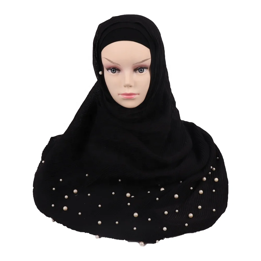 Wholesale New Design Dubai Wrinkle Lady Muslim Hijab Fashion Popular Solid Color Pearl Scarf Shawl
