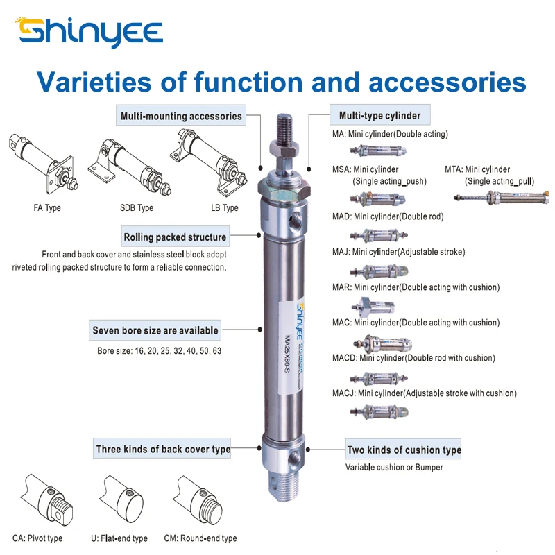 SHINYEE MA series single acting compact pneumatic cylinders air pneumatic cylinder bore size 10mm-300mm