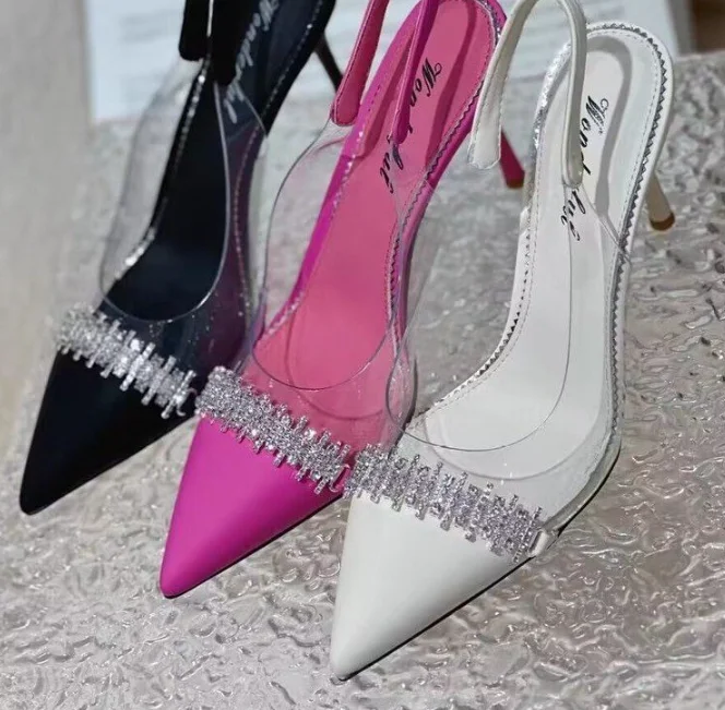 China wholesale heeled shoes transparent upper with rhinestone high heels sandals for women and ladies