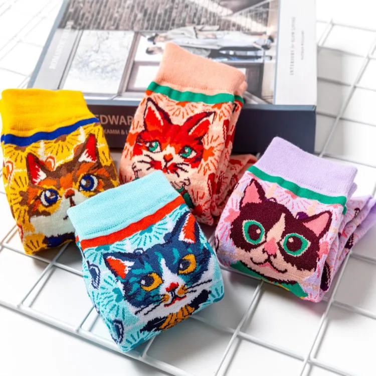 2021 Wholesale  Japanese Style Fashion Cute Cartoon Breathable Cotton Cat Animal Women Calcetines Tube Crew Socks