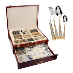 Stainless Steel Bulk Stocked 24 Piece Cutlery Set 24k Luxury Medusa Gold Plated Cutlery 24 Pcs Set with wooden case