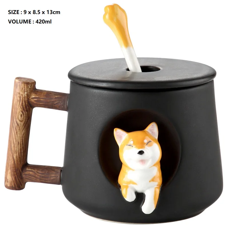 Kawaii керамическая кофейная кружка набор мультфильм 3D Шиба-ину собака рельефная монтируемая Персонализированная чашка для молока чая с крышкой ложкой рождественские