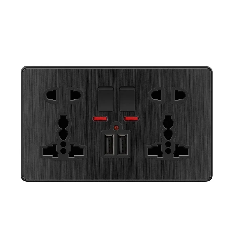 Fashion Brushed Black Light Wall Switch UK Africa Electrical Switches Socket 1Gang 2Way Dimmer Curtain Switch USB Socket