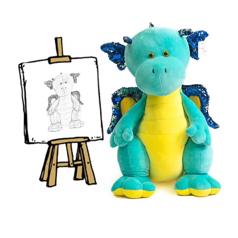 Top Ranking Dragon Plush Doll Winged Dragon Stuffed Toy with Shimmering Sequins on Wings and Ears