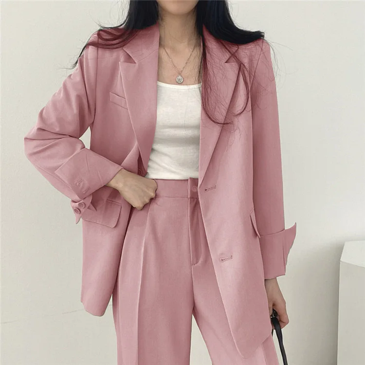 High Quality Women Set Solid Pocketed Lined Coat + Waist Suit Pants Office Lady Formal Two Piece