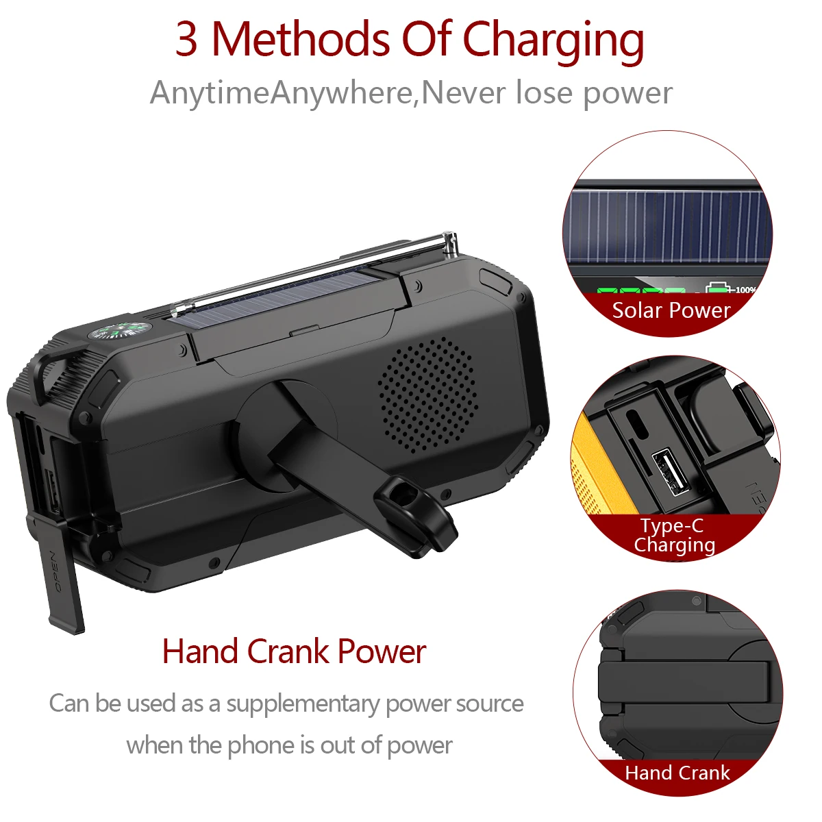 ABBREE Emergency Radio IPX5 Waterproof Auto Scan Solar Portable Radio with LED Flashlight Reading Lamp SOS Cell Phone Charger