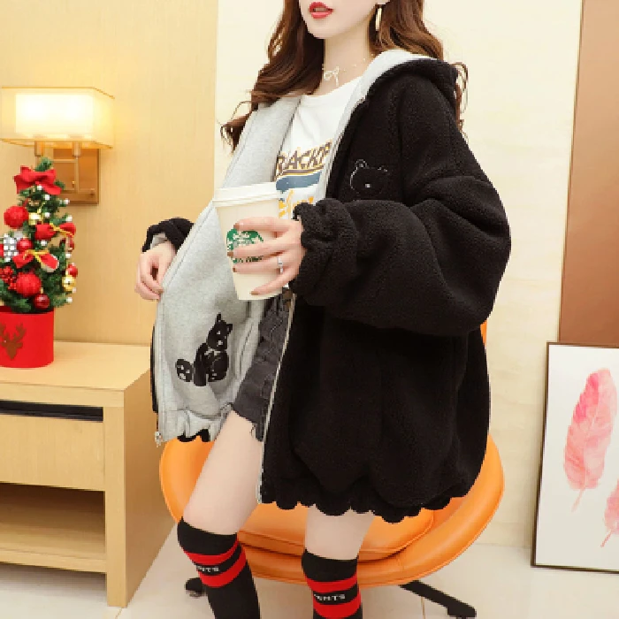 Both positive and negative lamb wool cardigan jacket sweater women plus velvet thickening 2021 autumn and winter new loose jacke