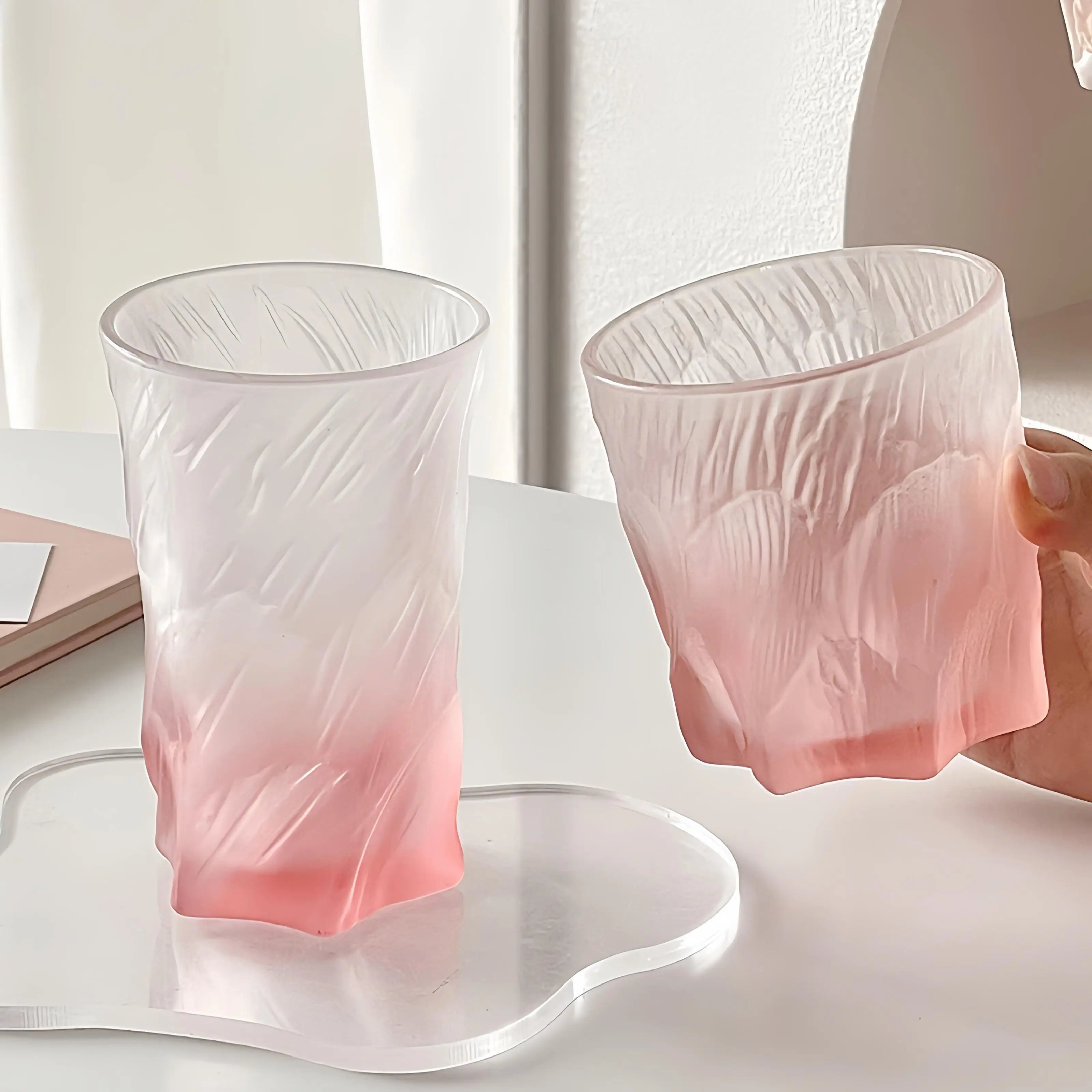 2024 Retro Pink Glass Water Cup Creative Pink Green Wine Beer Juice Milk Frosted Glass Cup