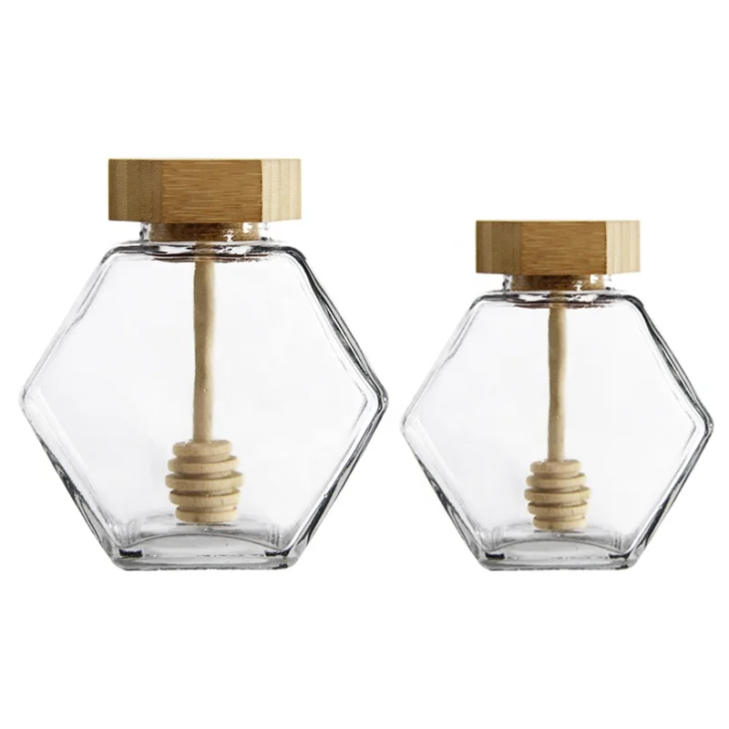 Honey Glass Jar with Wooden Dipper and Cork Lid Cover Hexagon Shape Storage