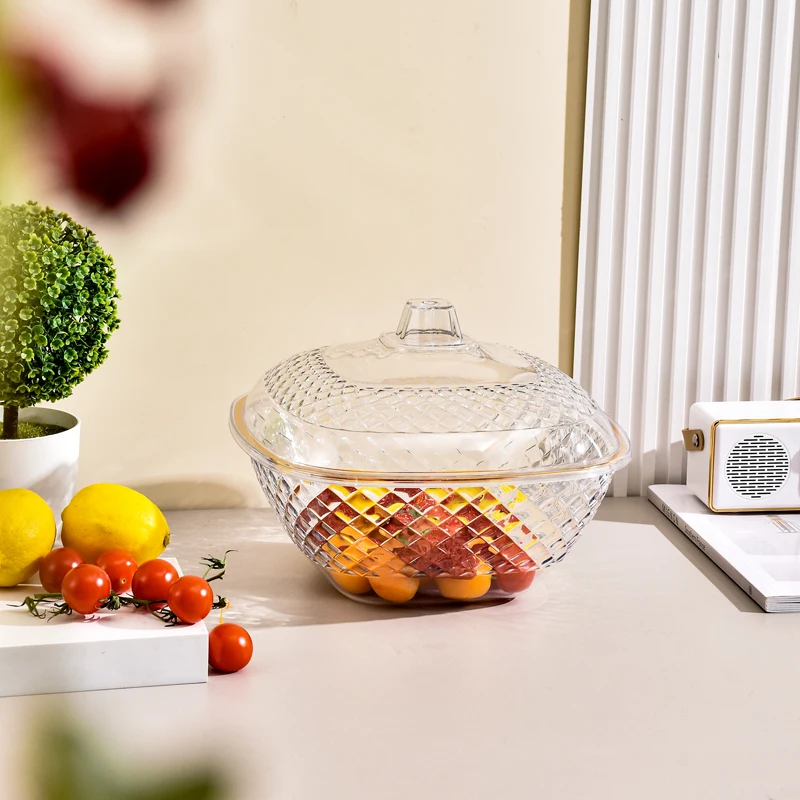 Multisize Transparent Gold Line Plastic Serving Bowl with Lid Salad Bowl for Cereal Pasta Fruit Popcorn Chips