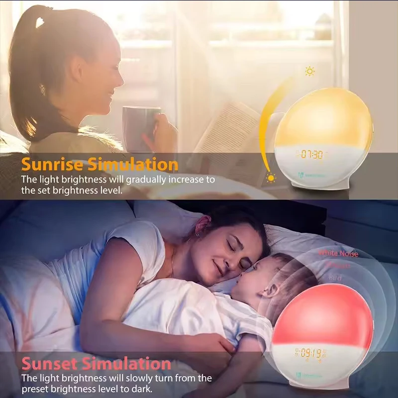 Smart Wake Up Light Sunrise Alarm Clock LED Colorful Atmosphere Lamp Kids Adults Bedrooms Night Light