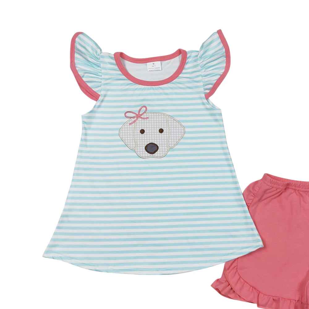 Girls clothes aqua stripe flutter sleeves embroidery dog tunic peach ruffle short wholesale girls clothe boutique suit low price