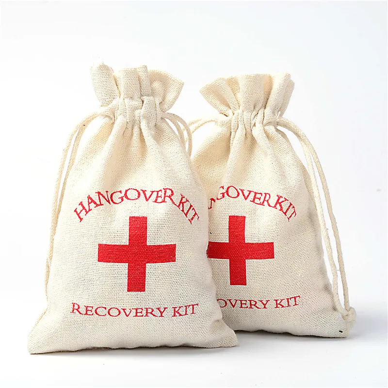 Organic Cotton Drawstring Pouch First Aid Kit Bag Hangover Kit Bags Favor Gift Bags Recovery Kit Wedding Bachelor Party OEM