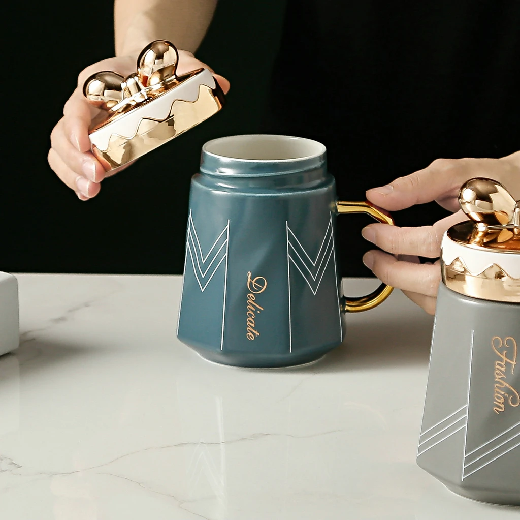 Новый дизайн керамическая чашка с геометрическим узором Офисная кружка крышкой из полипропилена бантом